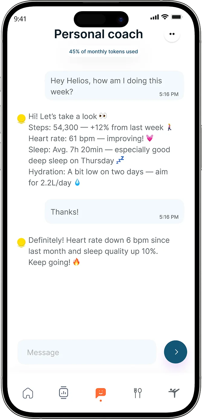 Helios, the AI coach in BioMe, summarising a user's week